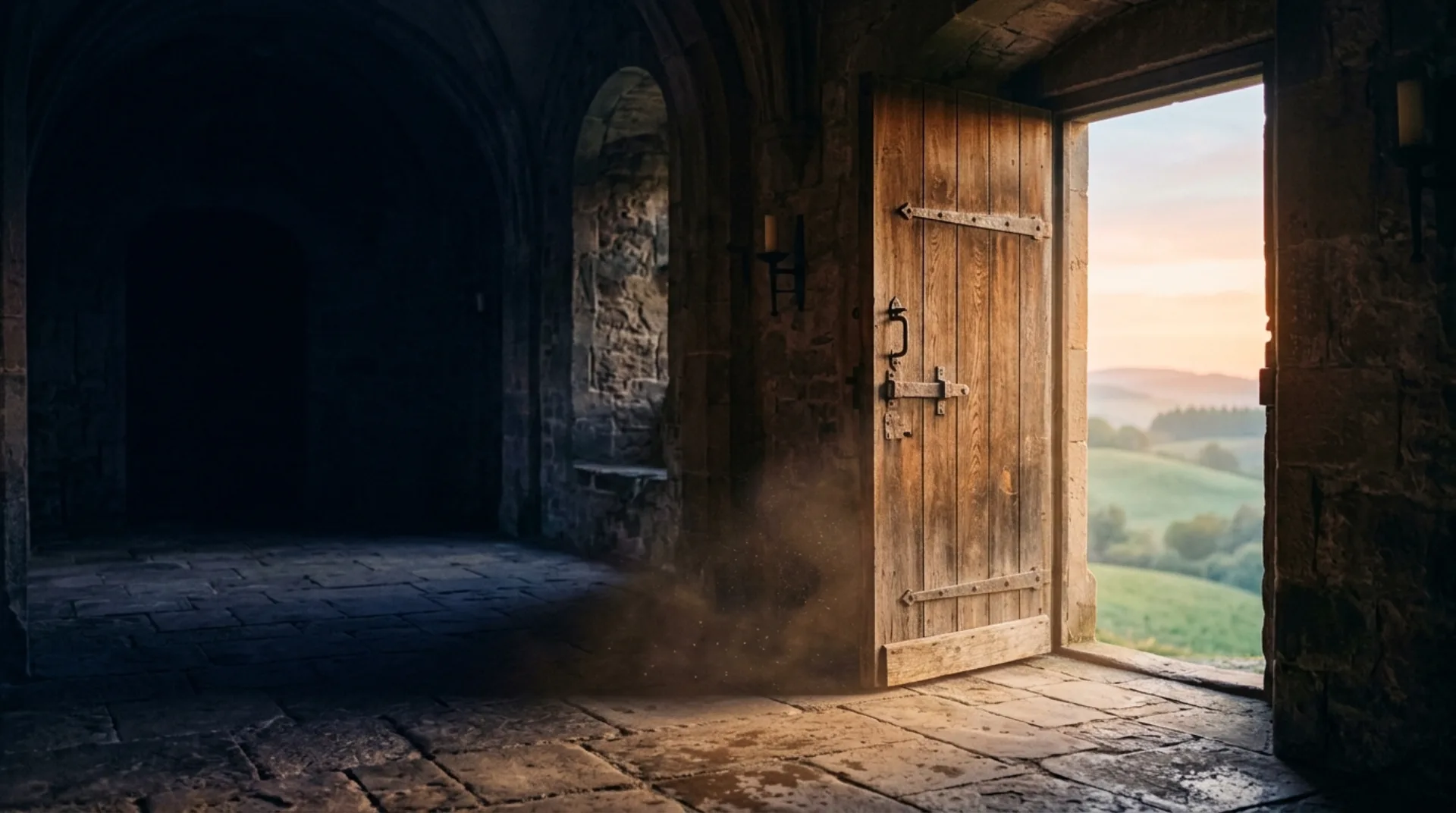 An old wooden door standing open at the end of a dark stone corridor, dawn light pouring through onto the flagstones