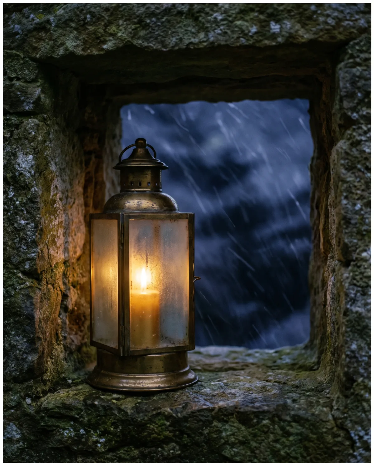 A lit candle inside a glass lantern set deep in a stone wall niche, safe from the storm outside