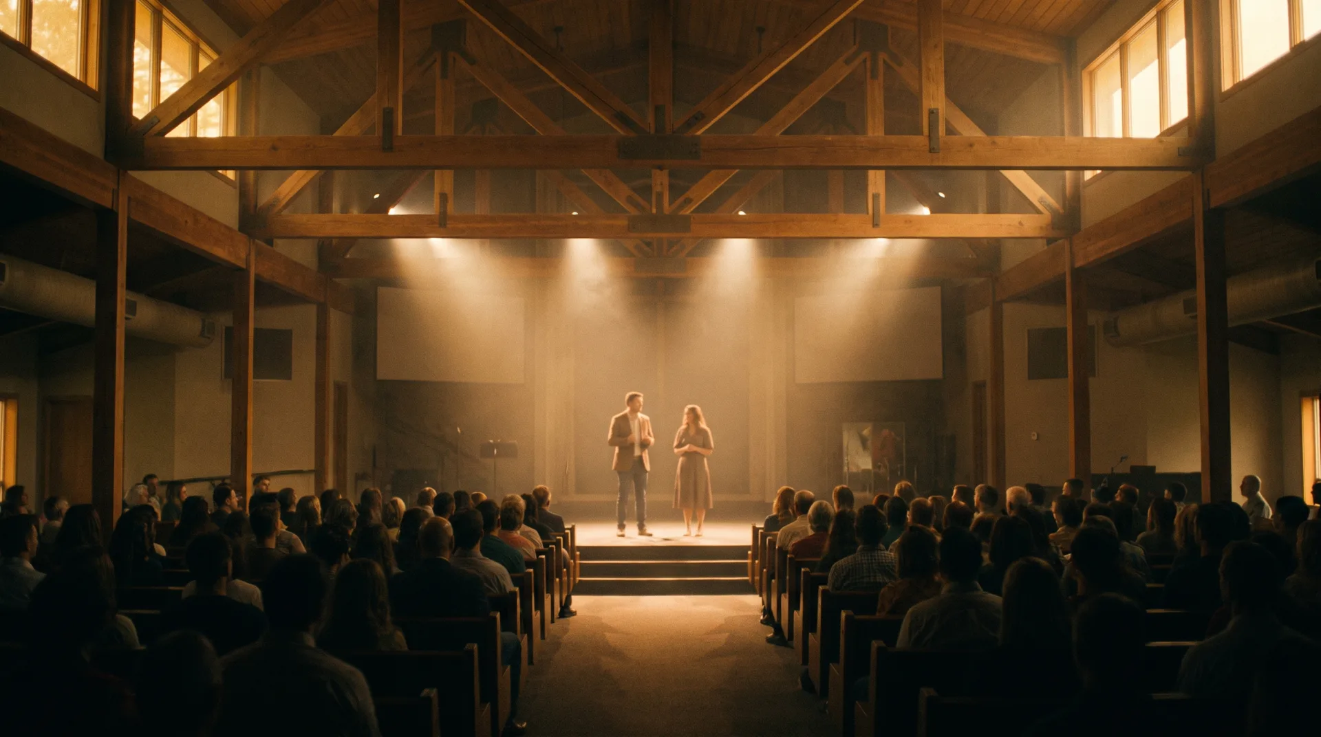 A man and a woman speaking together from the front of a warm timber-beamed church auditorium