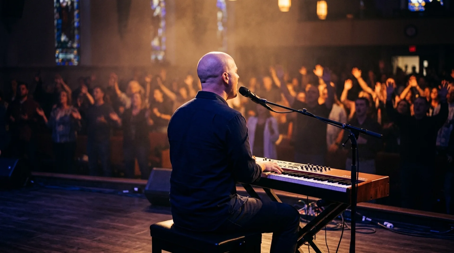 A worship leader at a keyboard seen from behind, congregation with raised hands in warm amber light